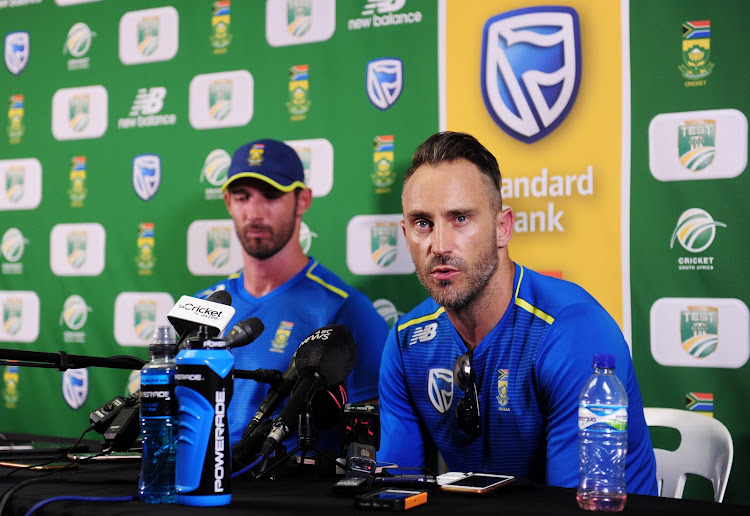 SA captain Faf du Plessis (R) speaks to the media after a Test match defeat to England on January 7 2020 in Cape Town. Alongside him is debutant Pieter Malan.