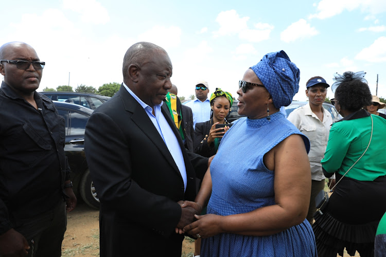 President Cyril Ramaphosa greets Dieketseng Mahabane, the granddaughter of former ANC president Zaccheus Mahabane, on January 4 2023 as the party celebrates its 111th birthday in the Free State.