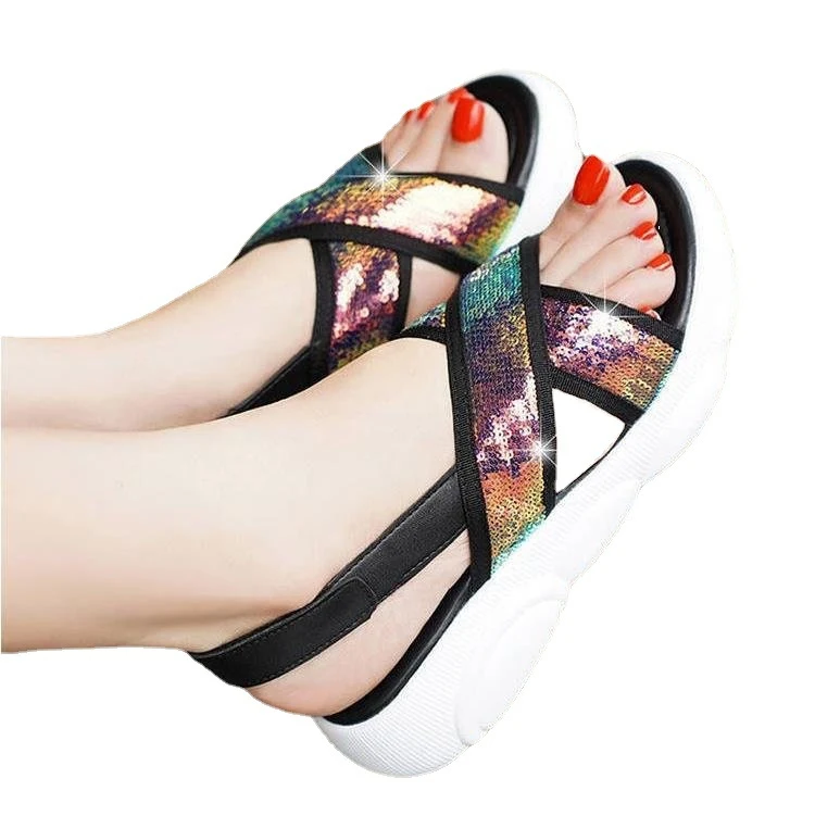 Comfortabele plateau sandalen met pailletten voor dames. Combineer stijl en comfort, ideaal voor een trendy en elegante uitstraling.