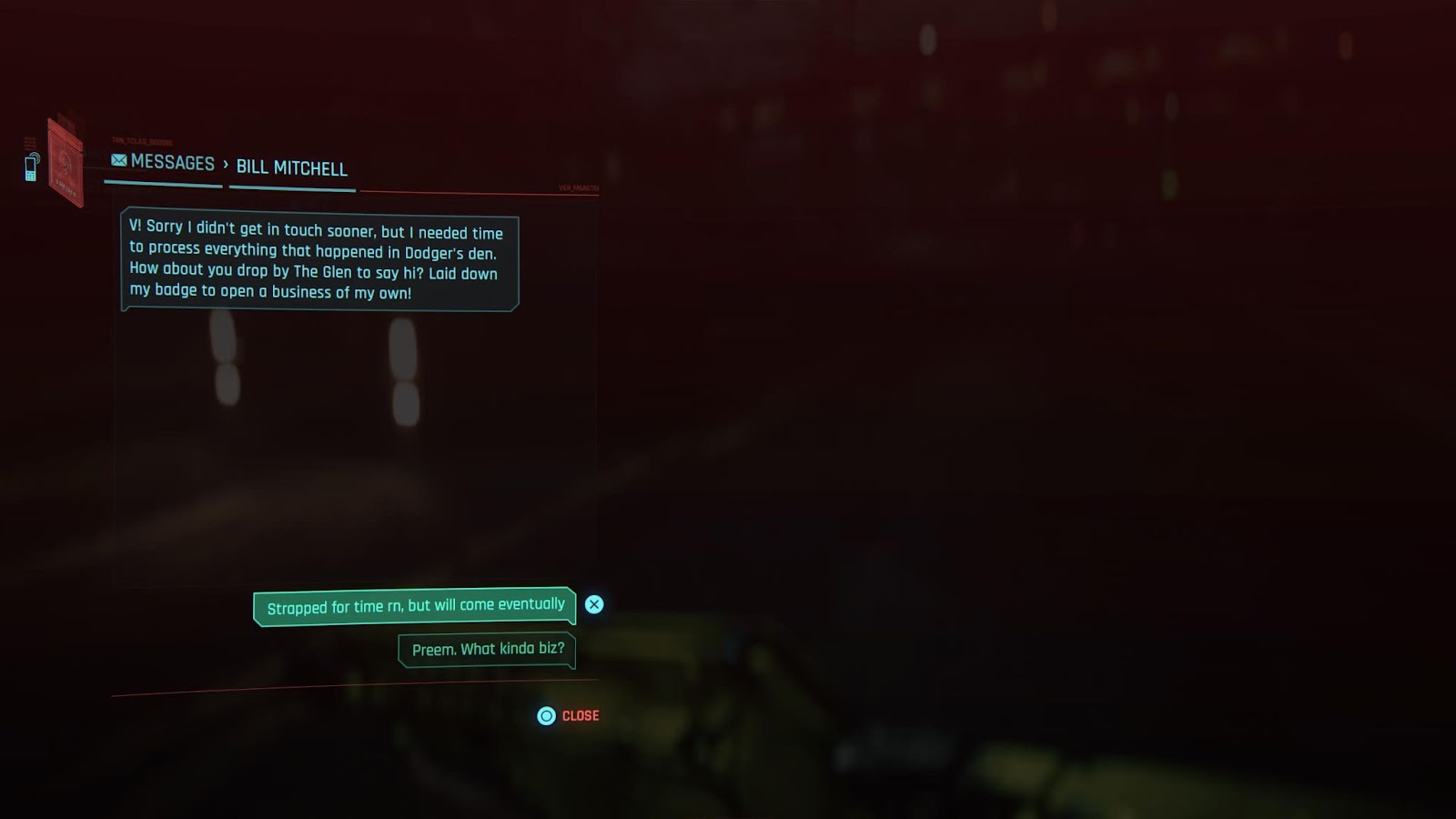An in game screenshot of a text from Bill from the game Cyberpunk 2077. 
