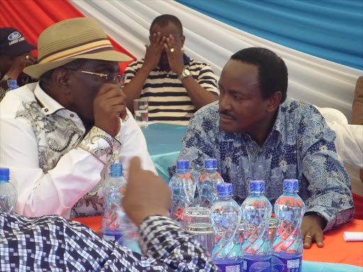 Wiper leader Kalonzo Musyoka consults with party chairman David Musila in this June 18, 2015 file picture. Photo/ANDREW MBUVA