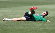 SuperSport United striker Bradley Grobler stretches during the Bafana Bafana training session at Princess Magogo Stadium in Durban on September 04, 2018.  