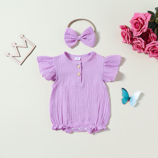 Title 3, Cotton and Linen Solid Color Flounced Sleeve Ju...