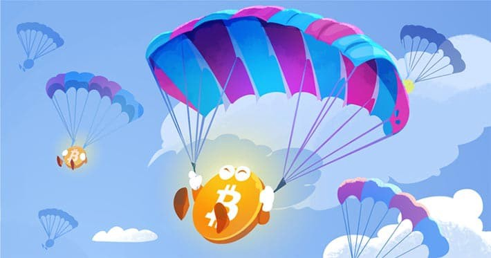 Bitcoin Airdrop illustrated by Bitcoin asset going parachuting.