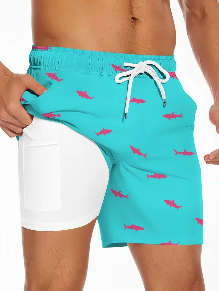 Men's Shark Figure Beach Shorts With Drawstring. Comfortable and breathable swim trunks perfect for the beach, pool, or 