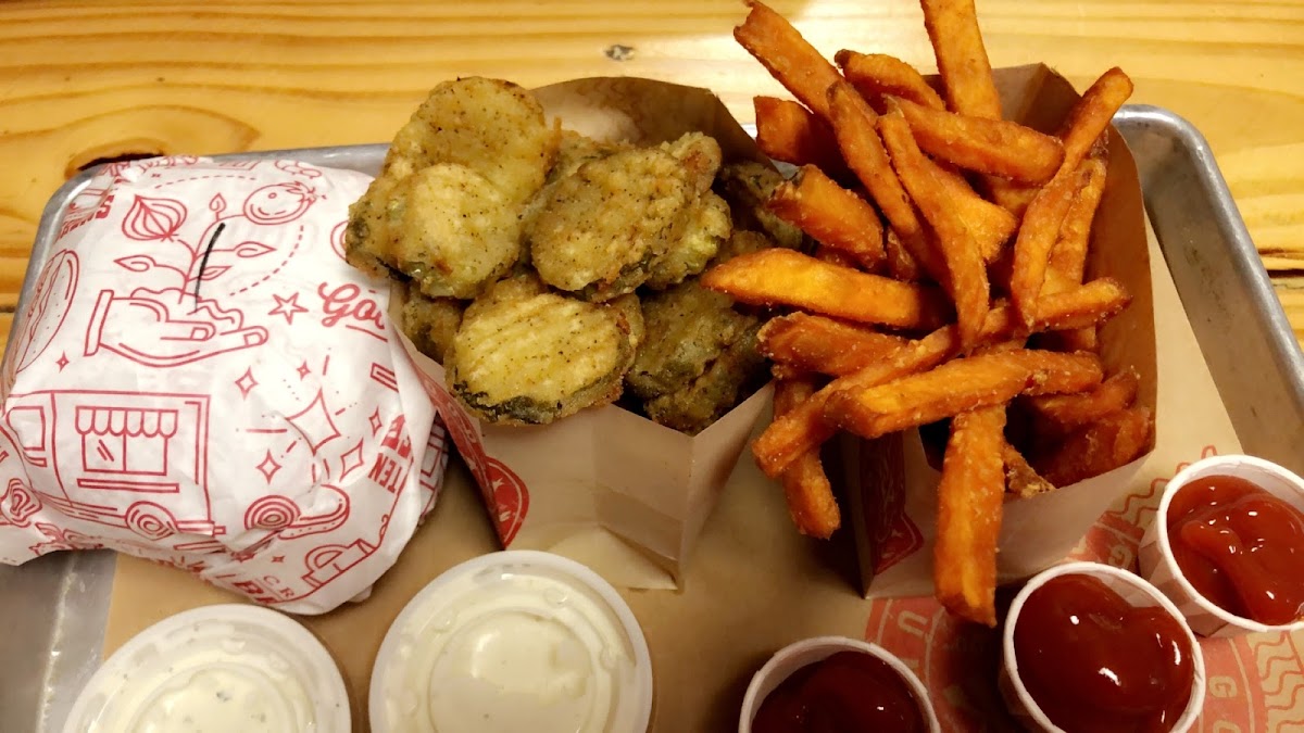 Gluten free burger, fried pickles and sweet potato fries