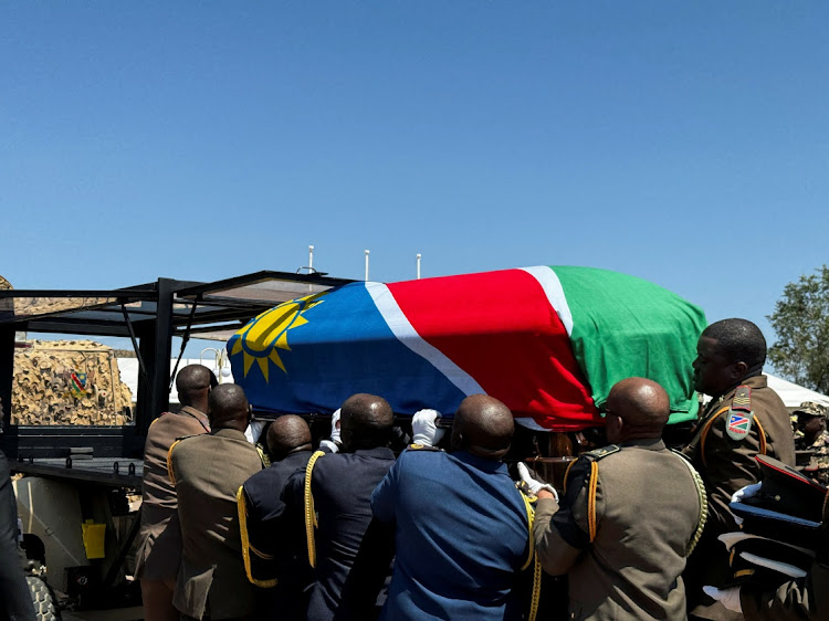 Military personnel carry the coffin of late president Hage Geingob in Windhoek, Namibia, on February 25 2024. Picture: REUTERS/SISIPHO SKWEYIYA