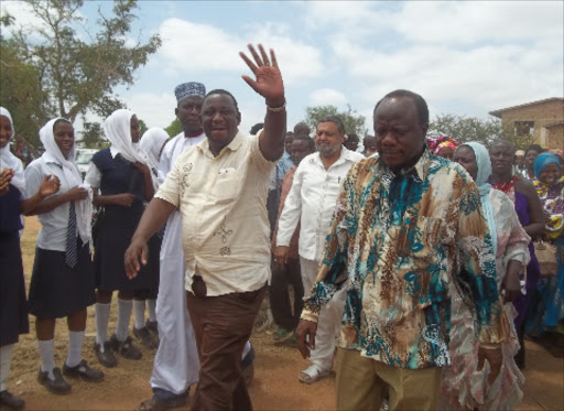 BALANCE: Kwale Governor Salim Mvurya and Kinango MP Gonzi Rai at Mackinon Road Grounds in Kinango on January 19 where they addressed a public rally. Photo/File