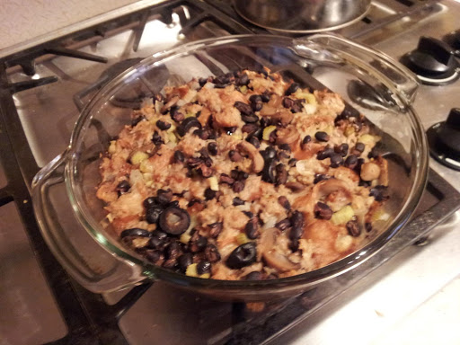 A different version of savory bread stuffing including black beans and black olives and canned sliced mushrooms. Very good with a nice piece of beef roast, or bbq beef sirloin roast such as I made today.