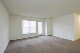 Carpeted living room with one large window