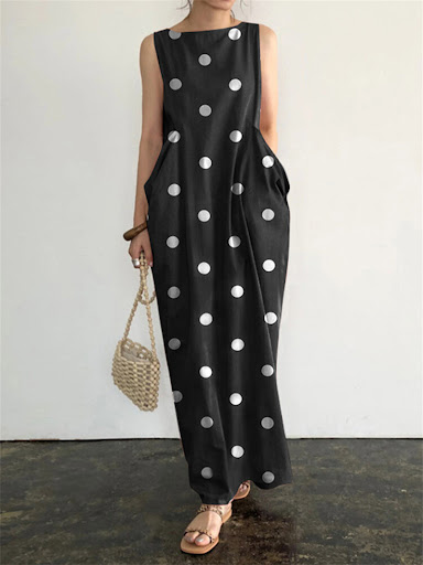 Title 5, Printed Pocket Loose Casual Round Neck Dress of...