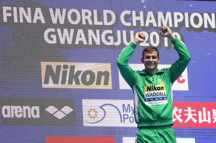 Gold medallist Zane Waddell of South Africa celebrates after winning gold in the 50m men's backstroke at the Fina World Swimming Championships in South Korea July 28 2019.