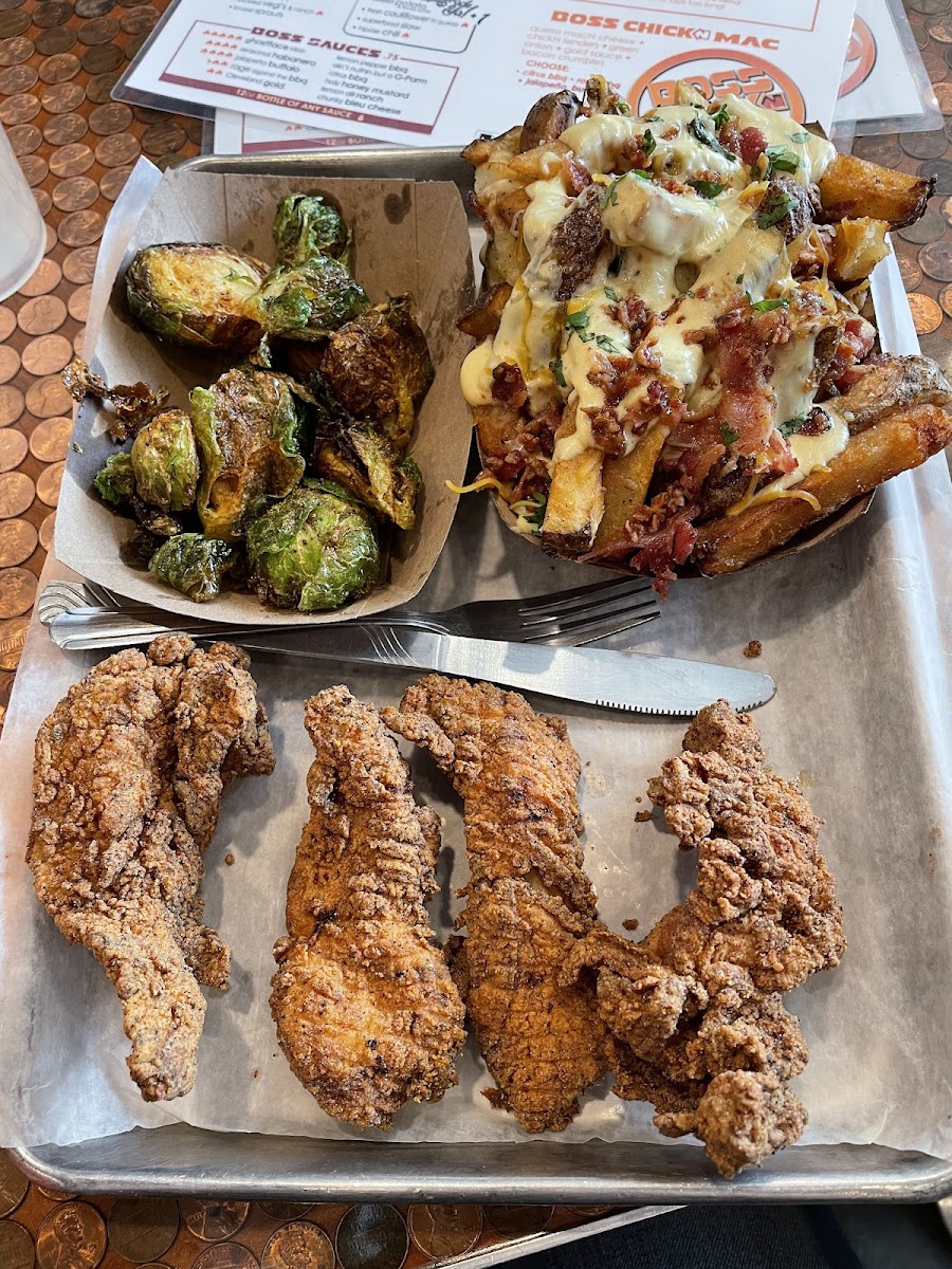 Tenders, brussel sprouts and loaded fries!