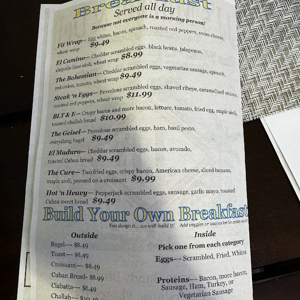 Breakfast menu