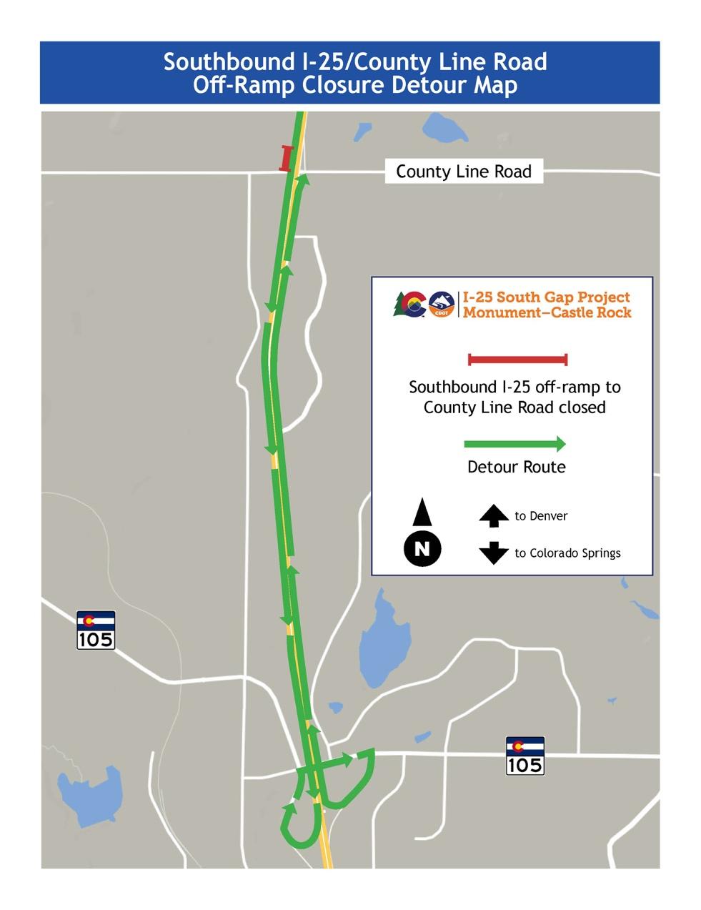 Detour map for Saturday night into Sunday morning along Southbound I-25/County Line Road
