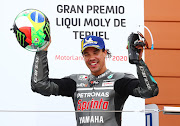 Petronas Yamaha SRT's Franco Morbidelli celebrates after winning the Teruel Grand Prix.