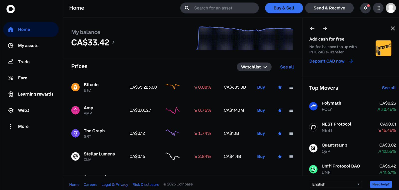 Coinbase homescreen on desktop