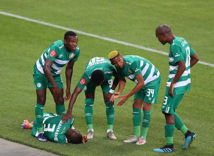 Mzwanele Mahashe of Bloemfontein Celtic injures himself while celebrating his goal during the Absa Premiership match between Stellenbosch FC and Bloemfontein Celtic at Cape Town Stadium on January 07, 2020 in Cape Town, South Africa.