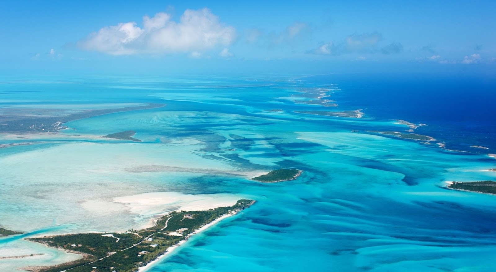 Aerial view of the Bahamas and surrounding blue waters