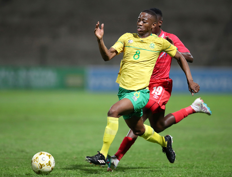 Bafana Bafana player Thabo Cele challenged by Bethuel Muzeu of Namibia during the 2023 Cosafa Cup match at King Zwelithini Stadium.