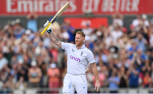 England batsman Ben Stokes reaches his century during day two of the second test match against South Africa at Old Trafford on August 26, 2022 in Manchester, England.