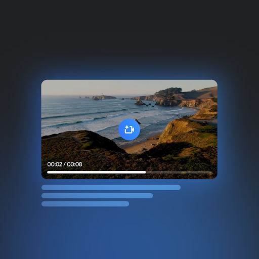 En kustmiljö med hav och klippiga stränder. Gemini-videoikonen är ovanför den, med pillerformade linjer under kustbilden.