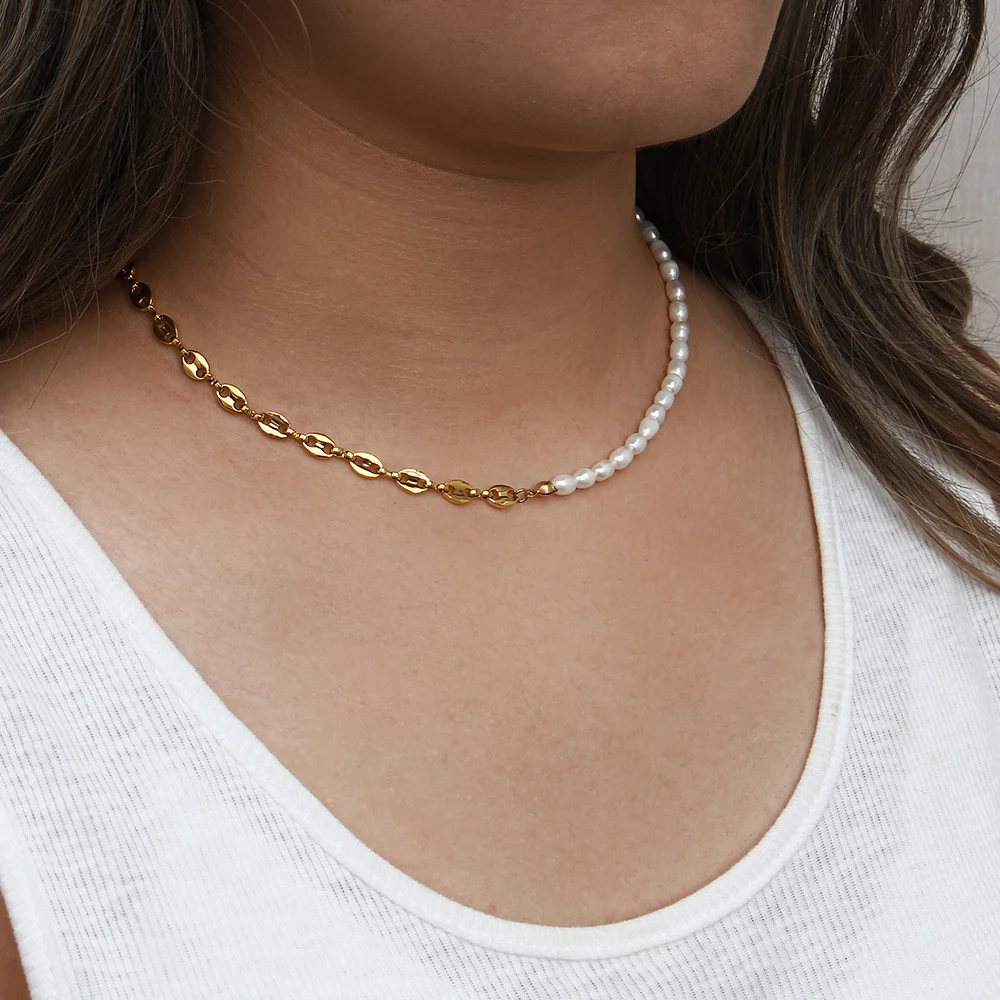 Title 3, Collier asymétrique femme avec perles deau dou...