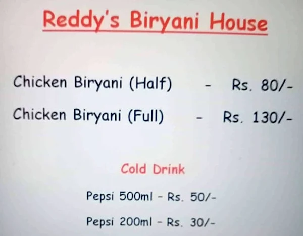 Reddys Biryani menu 