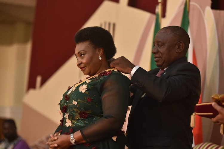 President Cyril Ramaphosa bestows the Order of Ikhamanga in Silver on Yvonne ‘Chaka Chaka’ Mhinga.