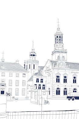 Drawing of Kampen's Bell Tower and Magistrates' Hall