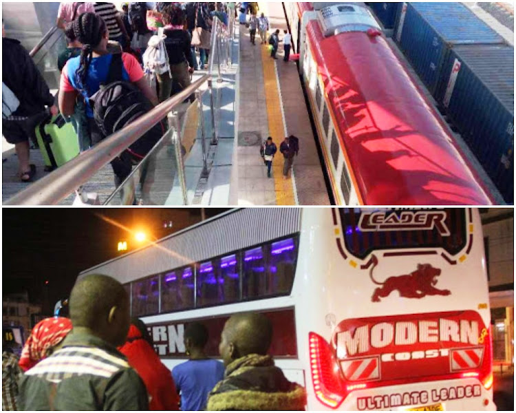 Top: Passengers at the Nairobi terminus go to board the SGR passenger train to Mombasa. Below: Passengers board a Modern Coast bus