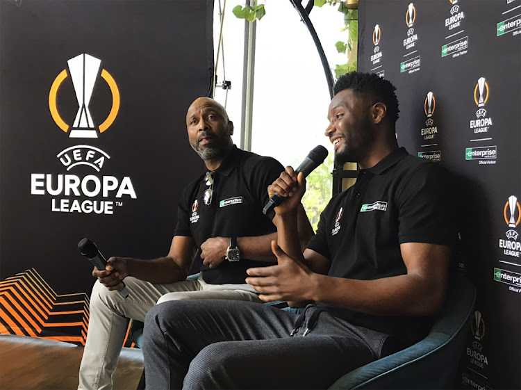 Lucas Radebe and John Obi Mikel at the Uefa Europa League trophy showcase in Melrose Arch, Johannesburg