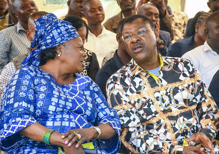 National Assembly Speaker Moses Wetang’ula and Bungoma Woman MP Catherine Wambilianga at a funeral service in Kabuchai on May,15,2024.