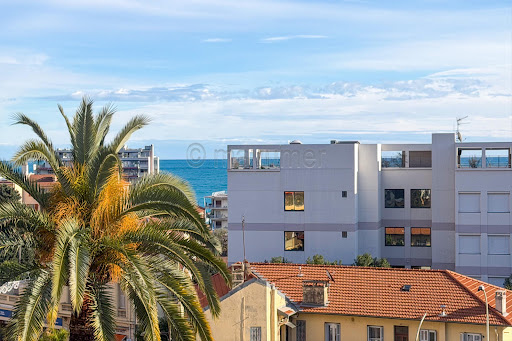 Sea view with palm tree and white building - Buy this luxury property in Roquebrune-Cap-Martin, 2 rooms, 1 bedroom