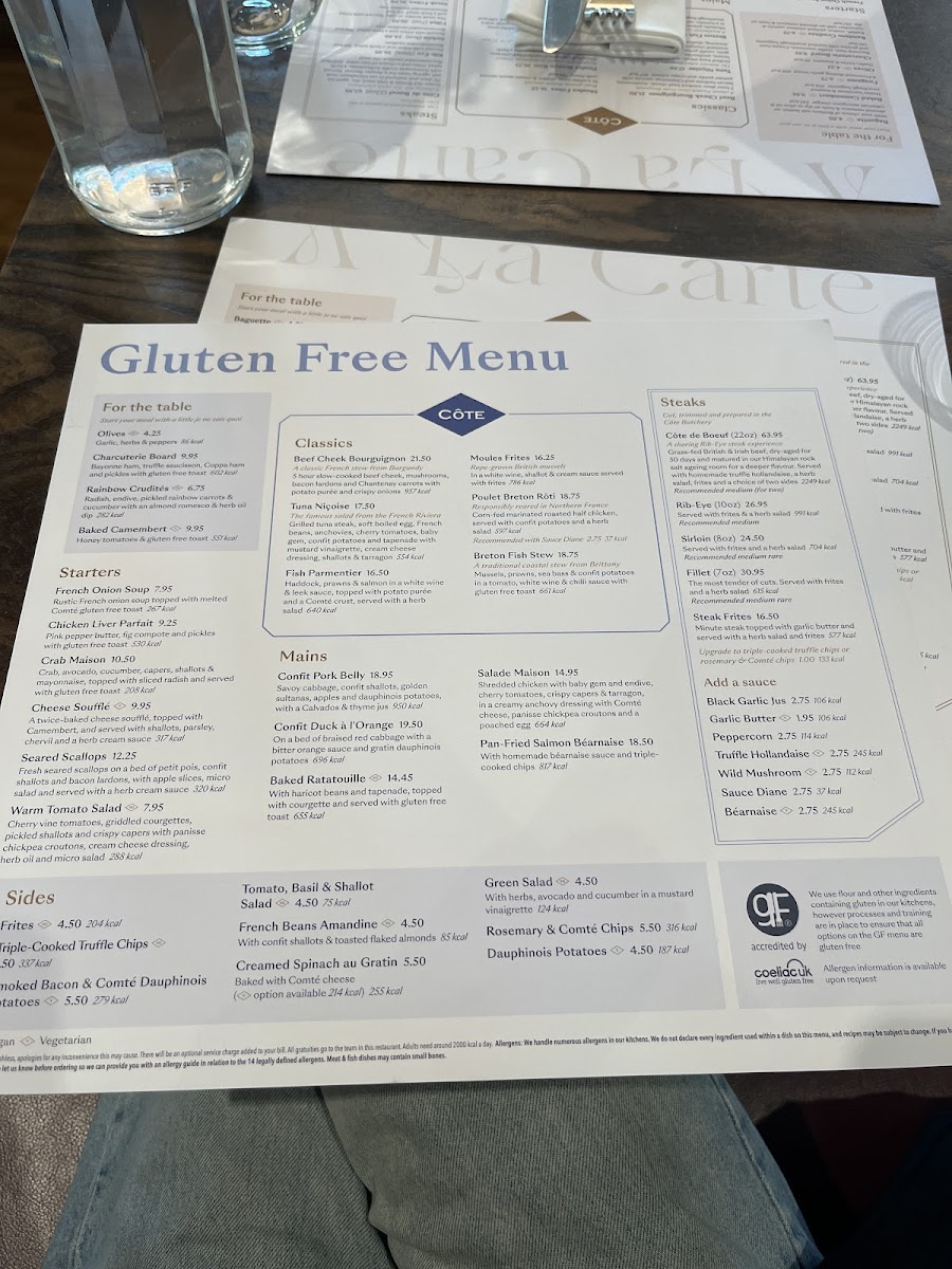 Cote Brasserie gluten-free menu