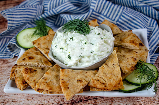 Greek Yogurt Dip Tzatziki with pita chips.