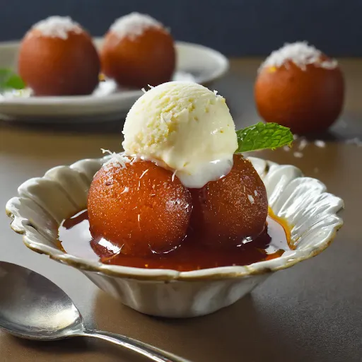 Desi Ghee Gulab Jamun [2 Pieces] With Vanilla Ice Cream [100 Ml, 50 Grams]