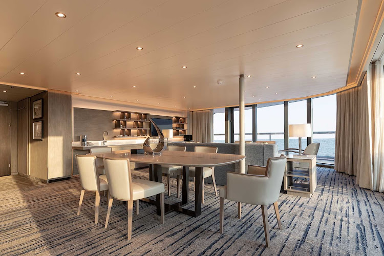 The elegant interior of an Owners Suite on Silver Origin. 