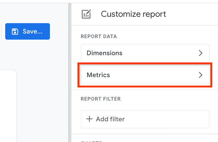 Capture d'écran du menu "Personnaliser le rapport", avec l'option "Métriques" en surbrillance