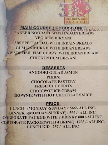 3B's - Buddies, Bar & Barbecue menu 