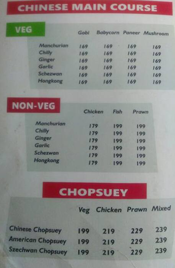 Inchins Restaurant menu 