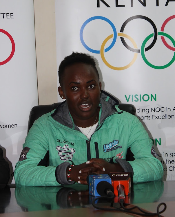 Sabrina Wanjiku Simader during a press briefing at National Olympics Committee of Kenya's Nairobi offices on July 4, 2019.