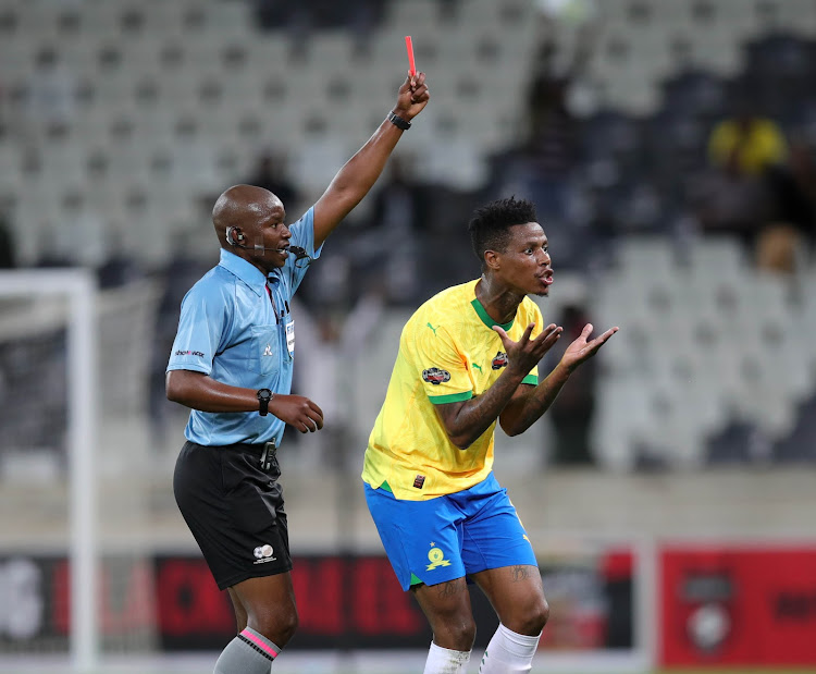 Bongani Zungu of Mamelodi Sundowns received a red card from referee Bambiso Masixole during the 2023 Carling Knockout Cup last 16 match against TS Galaxy at Mbombela Stadium in Nelspruit on October 18.