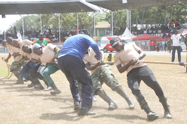 Kisumu County's tug of war tea in action against Laikipia