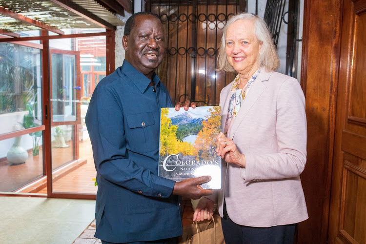 US ambassador to Kenya Meg Whitman, Azimio leader Raila Odinga during a meeting on May 3,2024