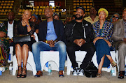 Nomsa Manaka, Monde Twala and Hugh's children Selema Masekela and Pula Twala at the memorial service in University of Johannesburg, Soweto. 
