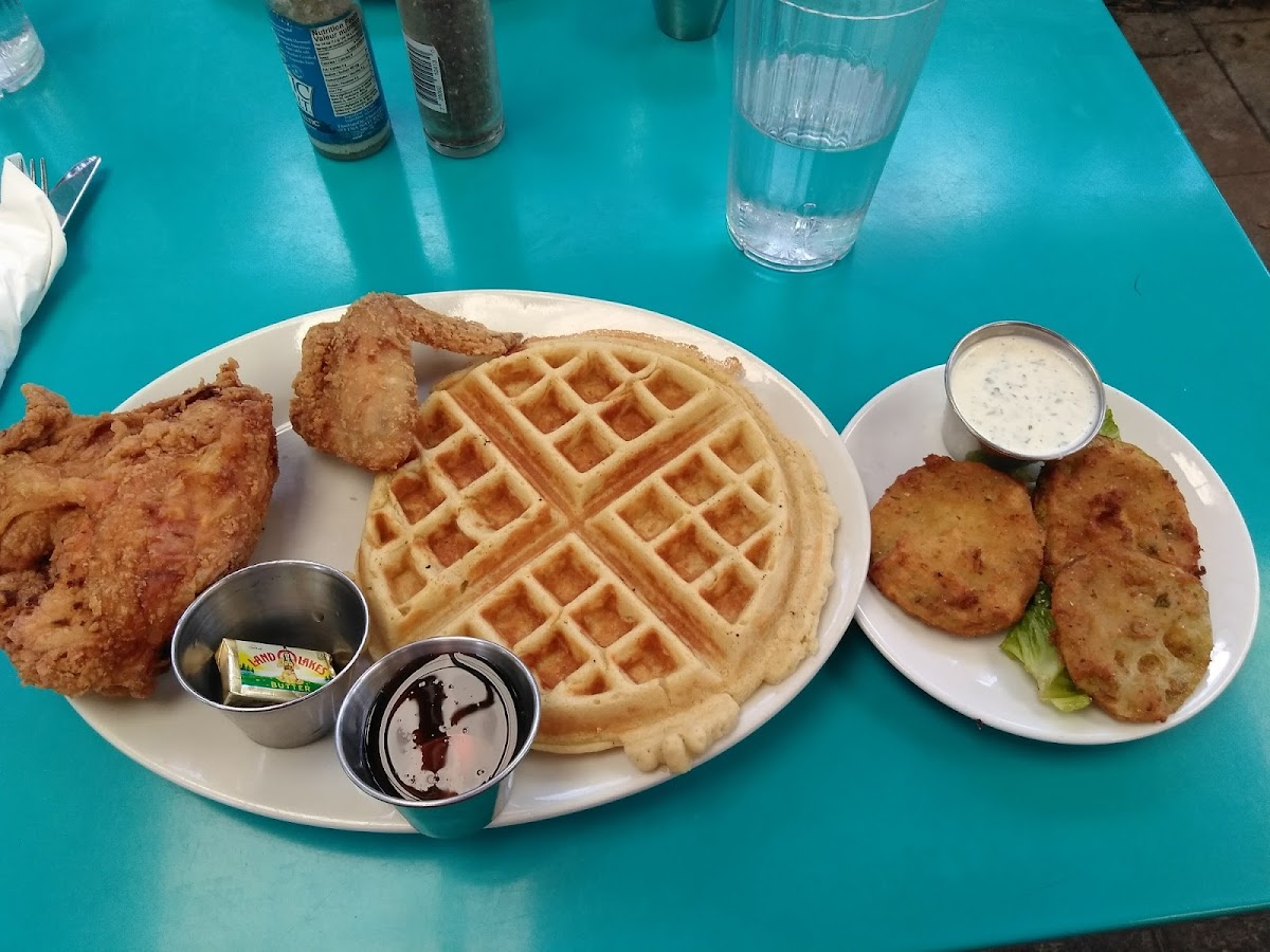 Gluten less fried chicken, waffle, and fried green tomatoes.  Southern comfort at it's best!