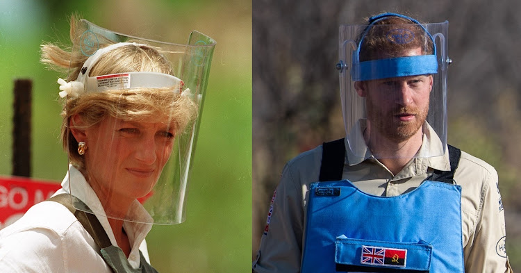 The late Diana, Princess of Wales, visiting a landmine site being cleared by the HALO Trust in Angola in 1997, and Prince Harry doing the same in 2019.