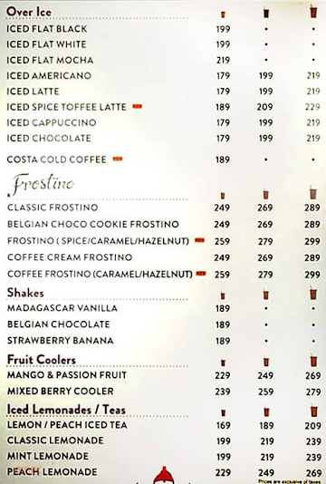 Costa Coffee menu 