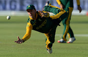 AB de Villiers of South Africa drops Andre Russell on 40 during the 4th Momentum ODI between South Africa and West Indies at St Georges Park on January 25, 2015 in Port Elizabeth, South Africa. 